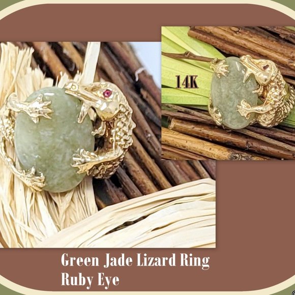 Green Jade Cabochon Ruby Lizard Ring 14K Gold - Picture 1 of 3